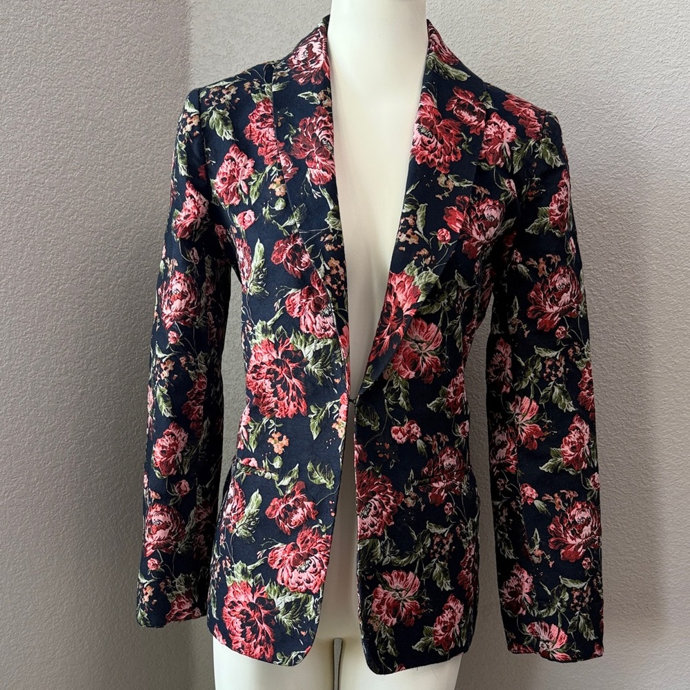 Sugar + Lips Rose Floral Jacquard Hook Closure Pocket Blazer Small